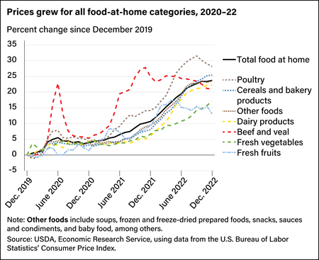 Line chart showing percent changes for total food at home, poultry, cereals and bakery products, other foods, dairy products, beef and veal, fresh vegetables, and fresh fruits from December 2019 to December 2022.