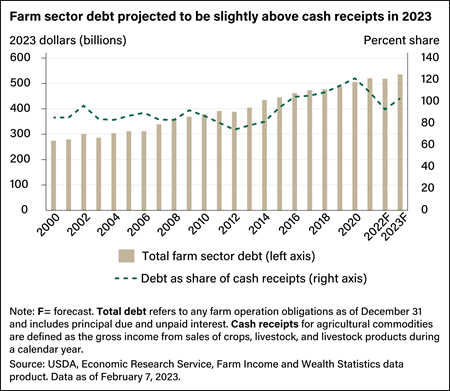 Bar and line chart comparing total farm sector debt in 2023 dollars with debt as share of cash receipts from 2000 through forecasted amounts for 2022 and 2023.