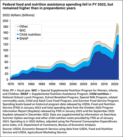 Stacked area chart showing spending on WIC, Child nutrition, SNAP, and other Federal food and nutrition assistance programs between fiscal years 1970 and 2022 in 2022 dollars.
