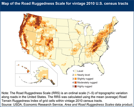 A U.S. map shows each of the 72,765 land-based census tracts from the 2010 decennial census classified into one of five RRS categories based on its mean Road TRI.