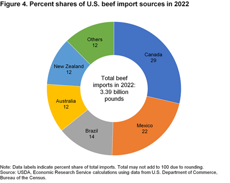 Pie chart showing the percent shares of imports from the top five U.S. beef import sources in 2022
