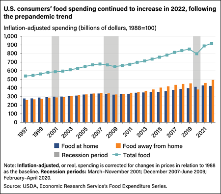 Bar chart showing inflation-adjusted spending on food at home and food away from home from 1997 to 2022.