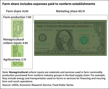 U.S. dollar bill graphic showing farm share of food dollar spent on farm production, nonagricultural onfarm inputs, and agribusiness, as well as the marketing share of the food dollar.