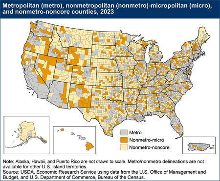 A map shows U.S. counties by their 2023 status: metro, nonmetro-micropolitan, and nonmetro-noncore counties