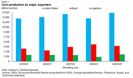 Bar chart of corn production by major exporters showing the United States, Argentina, and Brazil in million bushels for the year's 2019/20 through 2023/24