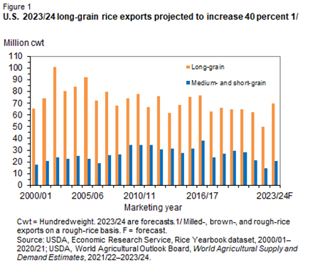 Bar chart showing the amount of long-grain and medium- and short-grain rice exports in million hundred weight for the marketing years 2000/01 through 2023/24