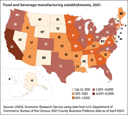 Map of food and beverage manufacturing establishments, 2020