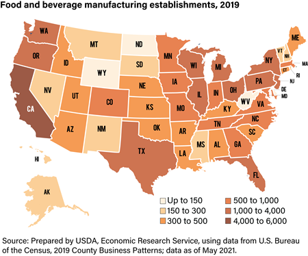 Map of food and beverage manufacturing establishments, 2019