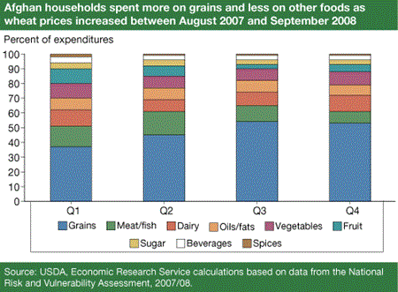 Afghan households spent more on grains and less on other foods as wheat prices increased between August 2007 and September 2008
