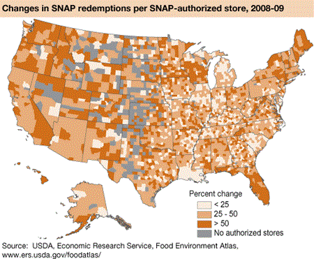 Changes in SNAP redemptions per SNAP-authorized store, 2008-09
