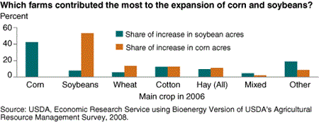 Which farms contributed the most to the expansion of corn and soybeans?