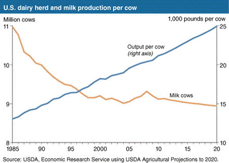 U.S. dairy herd and milk production per cow