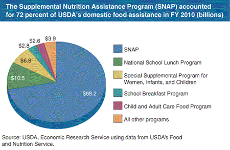 The Supplemental Nutrition Assistance Program (SNAP) accounted for 72 percent of USDA's domestic food assistance in FY 2010 (billions)