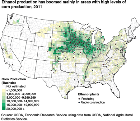 Ethanol production has boomed mainly in areas with high levels of corn production, 2011