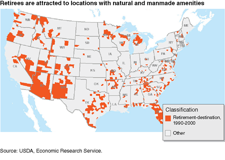 Retirees are attracted to locations with natural and manmade amenities