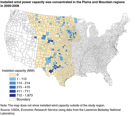 Installed wind power capacity was concentrated in the Plains and Mountain regions in 2000-2008