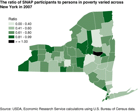 The ratio of SNAP participants to persons in poverty varied across New York in 2007