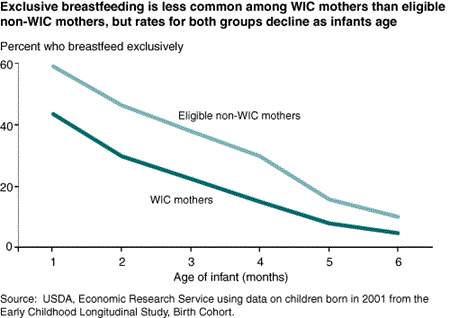 Exclusive breastfeeding is less common among WIC mothers than eligible non-WIC mothers, but rates for both groups decline as infants age.
