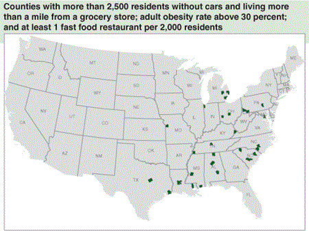 Counties with more than 2,500 residents without cars and living more than a mile from a grocery store