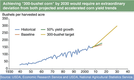 Achieving "300-bushel corn" by 2030 would require an extraordinary deviation from both projected and accelerated corn yield trends