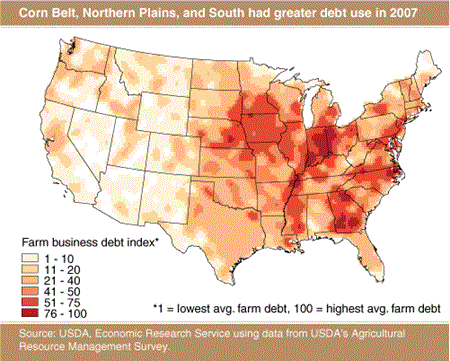 Corn Belt, Northern Plains, and South had greater debt use in 2007