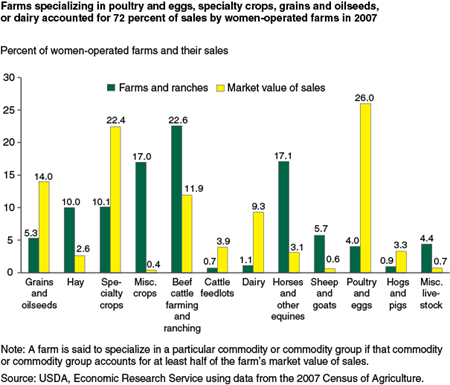 Farms specializing in poultry and eggs, specialty crops, grains and oilseeds, or dairy accounted for 72 percent of sales by women-operated farms in 2007