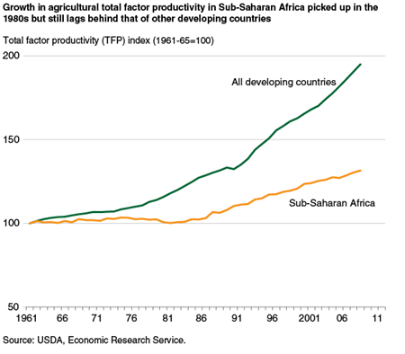 Growth in agricultural total factor productivity in Sub-Saharan Africa has lagged behind that of other developing countries