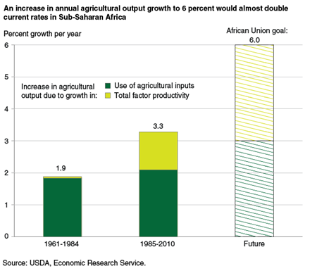 An increase in annual agricultural output growth to 6 percent would almost double current rates in Sub-Saharan Africa