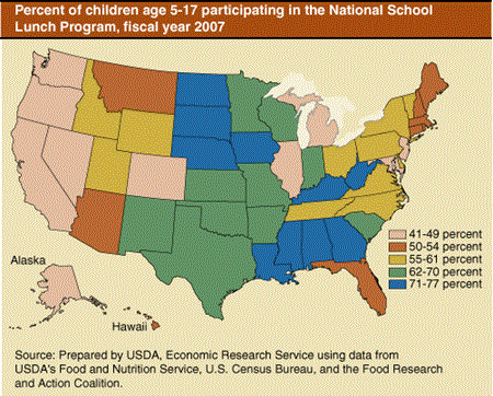 Percent of children age 5-17 participating in the National School Lunch Program, fiscal year 2007