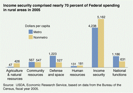 Income security comprised nearly 70 percent of federal spending in rural areas in 2005