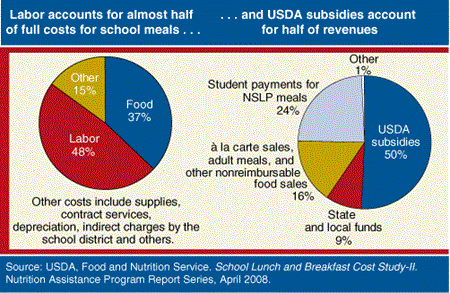 Labor Accounts for almost half of full costs for school meals..., ... and USDA subsidies account for half of revenues