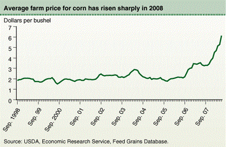 Average farm price for corn has risen sharply in 2008