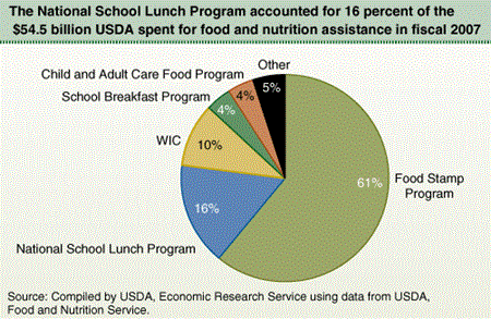The National School Lunch Program accounted for 16 percent of the 54.5 billion USDA spent for food and nutrition assistance in fiscal 2007