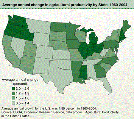 Average annual change in agricultural productivity by State, 1960-2004