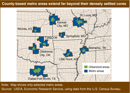 Country-based metro areas extend far beyond their densely settled cores