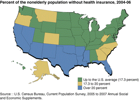 Percent of the nonelderly population without health insurance, 2004-06