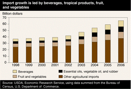 Import growth is led by beverages, tropical products, fruit, and vegetables