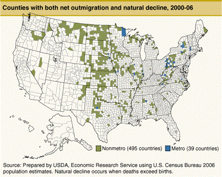 Counties with both net outmigration and natural decline, 2000-06