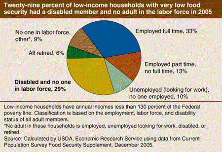 Twenty-nine percent of low-income households with very low food security had a disabled member and no adult in the labor force in 2005