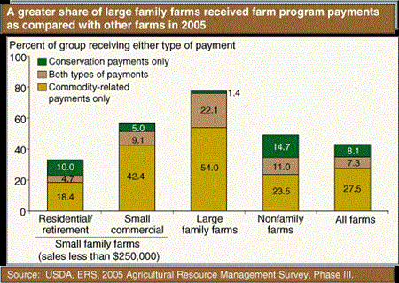 A greater share of large family farms received farm program payments as compared with other farms in 2005