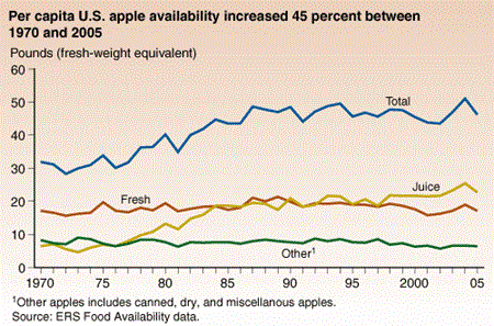 Per capita U.S. apple availability increased 45 percent between 1970 and 2005.