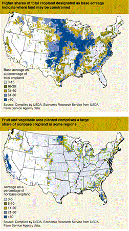 Map 1: Higher shares of total cropland designated as base acreage indicate where land may be constrained ; Map 2: Fruit and vegetable area planted comprises a  large share of nonbase cropland in some regions.
