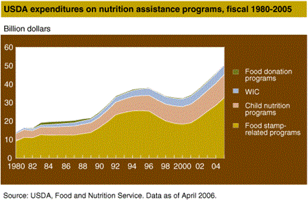 USDA expenditures on food assistance programs, fiscal 1980-2005.