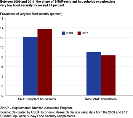 Between 2009 and 2011, the share of SNAP-recipient households experiencing very low food security increased 14 percent