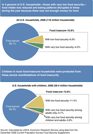 Chart 1: In 4 percent of U..S. households--those with very low food security--food intake was reduced and eating patterns disrupted at times during the year because there was not enough money for food; Chart 2: Children in most food-insecure households were protected from these severe manifestations of food insecurity