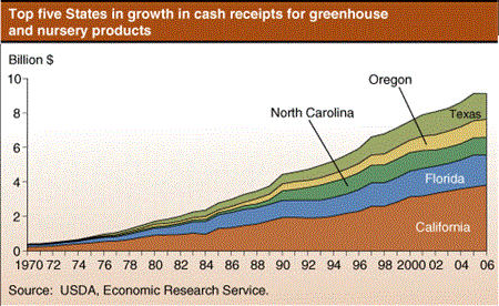 Top five States in growth in cash receipts for greenhouse and nursery products