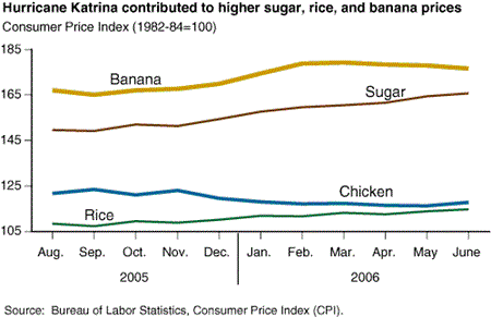 Hurricane Katrina contributed to higher sugar, rice, and banana prices