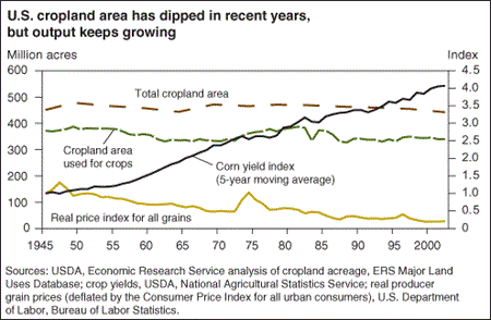 U.S. cropland area has dipped in recent years, but output keeps growing