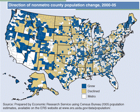Nonmetro county population change, 2000-05: half grew, half declined