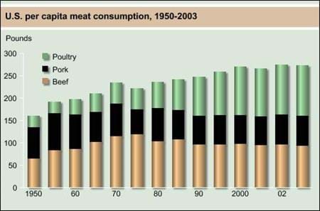 U.S. per capita meat consumption, 1950-2003